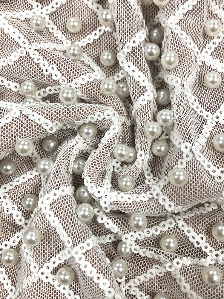 Pearl Sequins Hollow Out Short Dress For Women Sexy Long Sleeve Key Hole Bow Tie Diamond Beige Mini Evening Party Dress