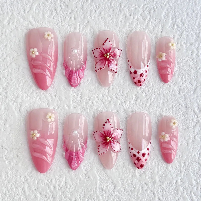 10Pcs Mid-length Almond with Polka Dot Flower False Nails White 3D Little Floral Decoration French Acrylic Nails Pink Manicure