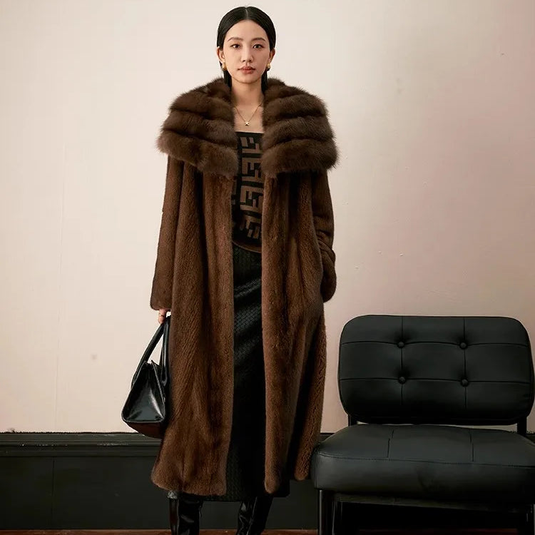 Lautaro Winter Long Luxury Elegant Thick Warm Soft Brown Faux Mink Fur Coat Women Turn-Down Collar Loose Stylish Furry Overcoat