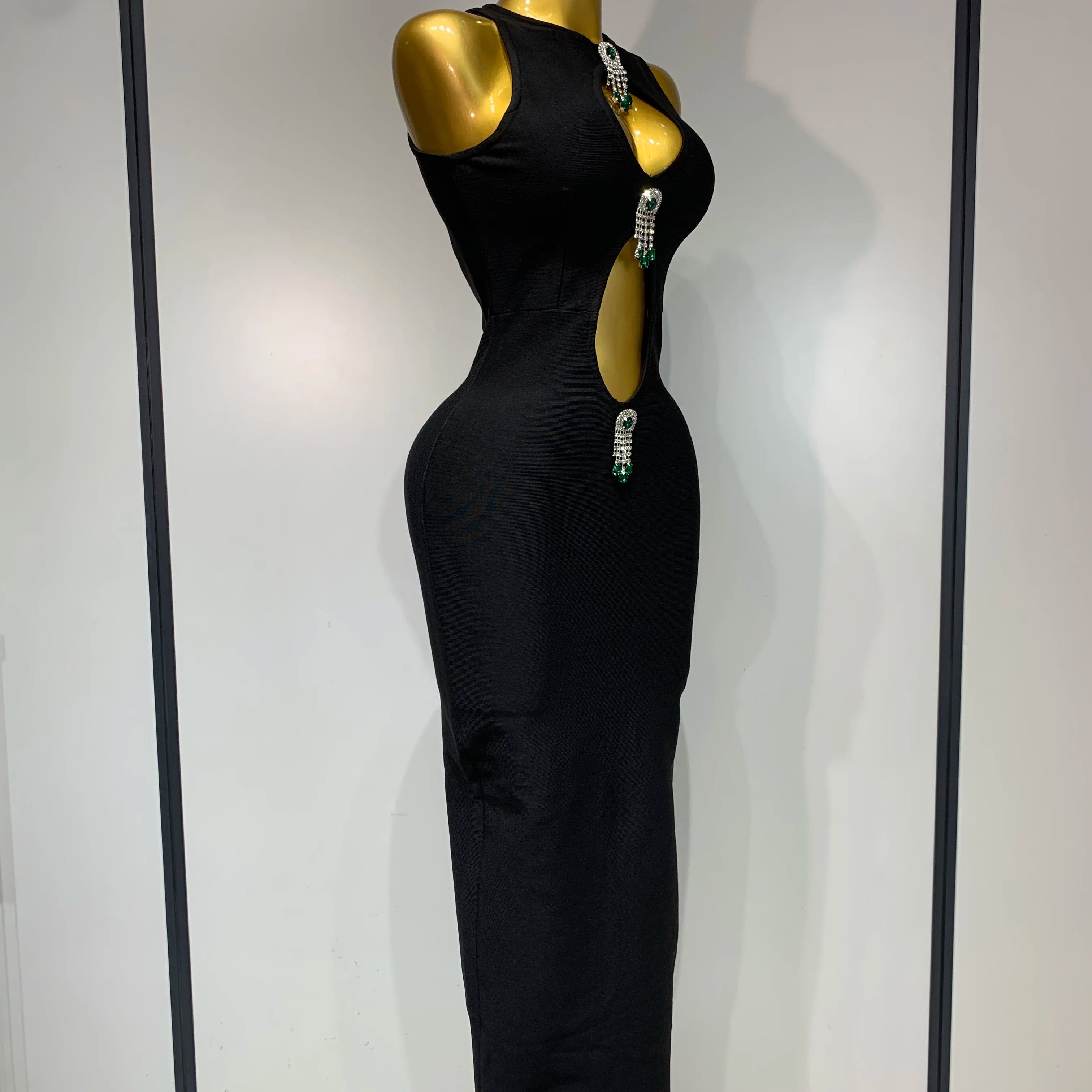 Women Celebrity Sexy Cut Out Diamonds Black Long Bodycon Bandage Dress 2025 Elegant Evening Club Party Luxury Birthday Dresses