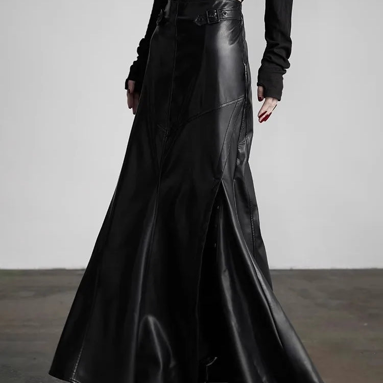 Lautaro Spring Autumn Black Soft Pu Leather Floor Length Mermaid Skirt Women High Waist Elegant Luxury Extra Long Clothes 2025