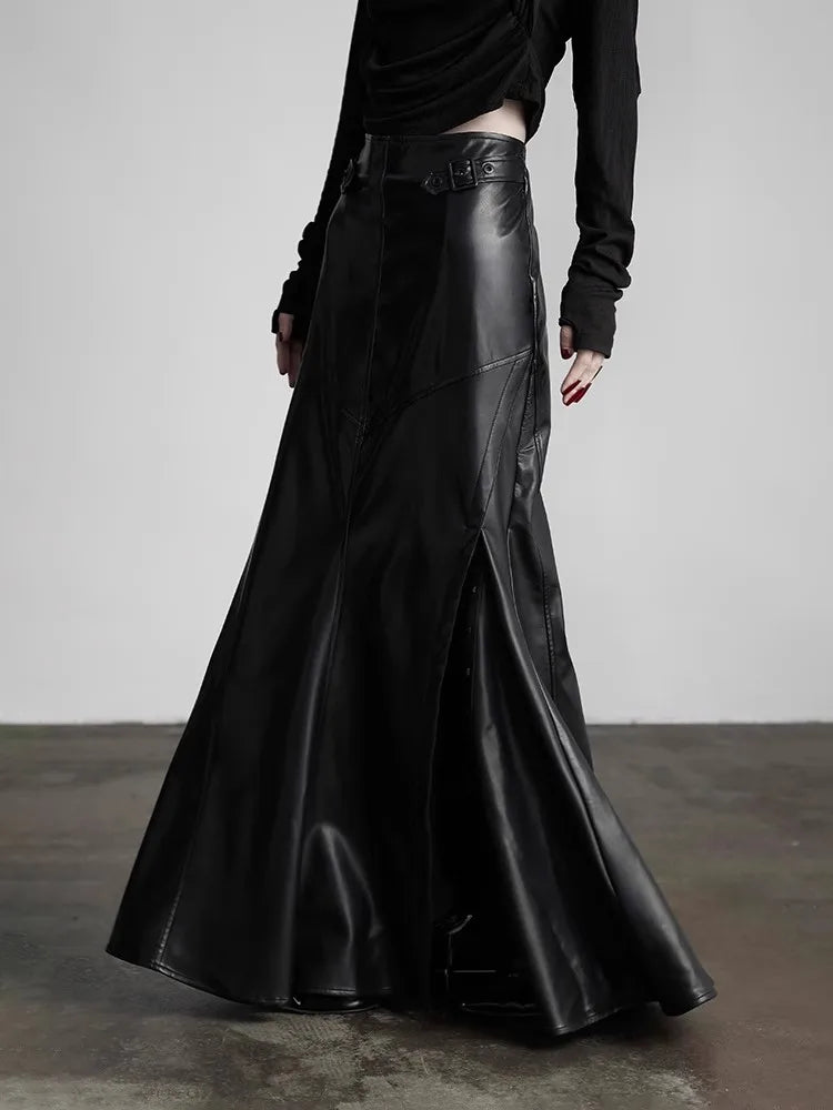 Lautaro Spring Autumn Black Soft Pu Leather Floor Length Mermaid Skirt Women High Waist Elegant Luxury Extra Long Clothes 2025