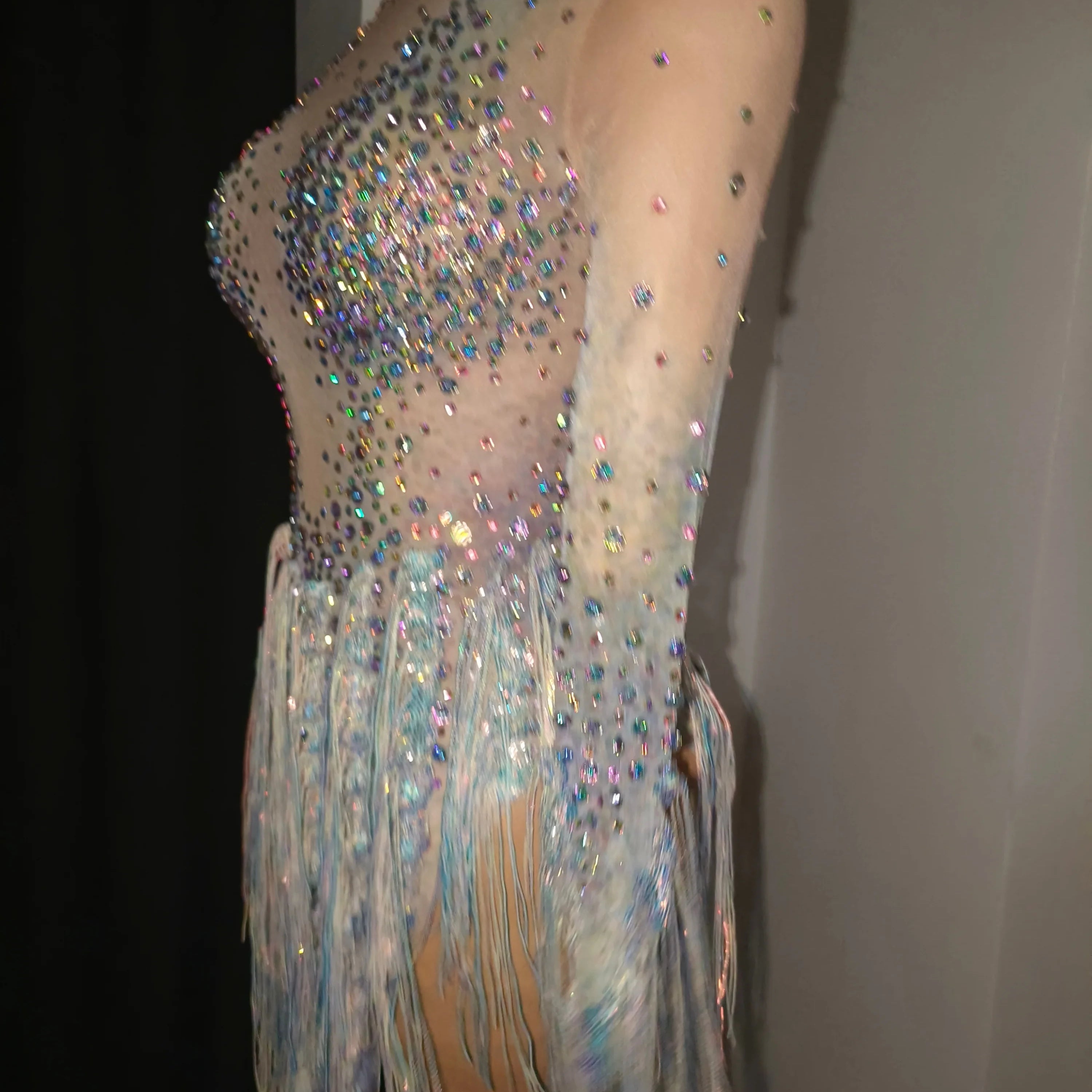 Luxurious Nude Long Sleeve Dress Women Sheer Mesh Iridescent Rhinestone Fringe Embellished Latin Dance Performance Costume