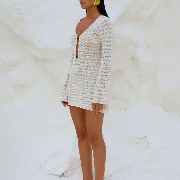 Mozision Sexy Knitted Beach Dress For Woman White Hollow Out Deep V Neck Long Sleeve High Waist A-line Knit Dress Knitwear