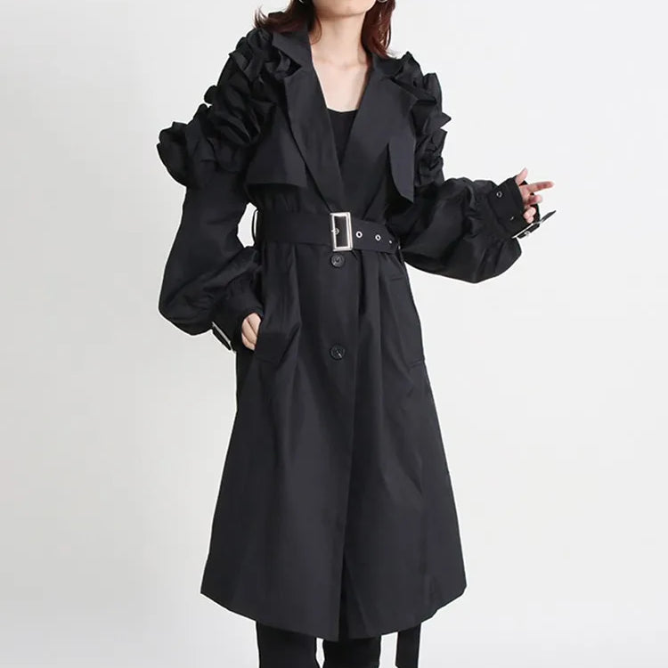 Casual Spliced Ruffles Trenches For Women Lapel Long Sleeve Patchwork Belt Vintage High Street Trench Female Style