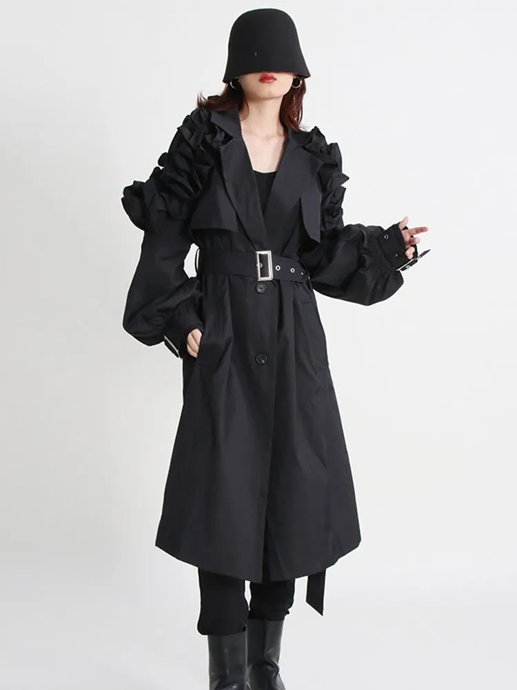 Casual Spliced Ruffles Trenches For Women Lapel Long Sleeve Patchwork Belt Vintage High Street Trench Female Style