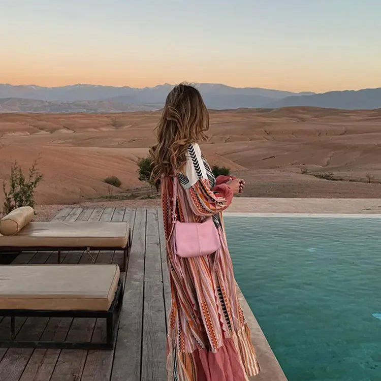 Retro Stripe Print Patchwork Maxi Dresses Women Loose V Neck Long Lantern Sleeve Long Dress Spring Chic Female Beach Casual Robe