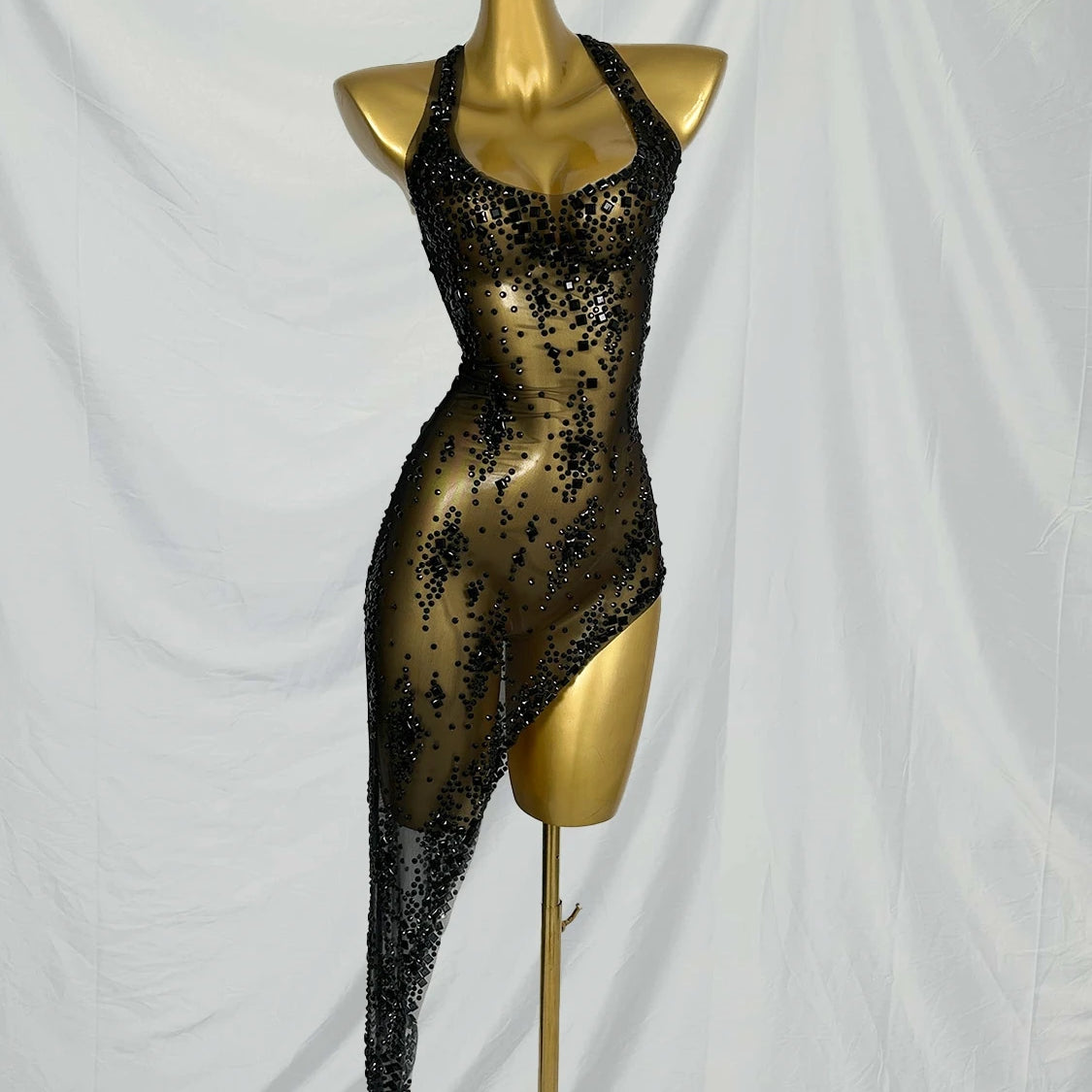 Nightclub Mini Dress Singer Stage Performance Wear Bar Party Asymmetrical Dress Sparkly Rhinestones Sleeveless Mesh Dress Xinghe black One Size