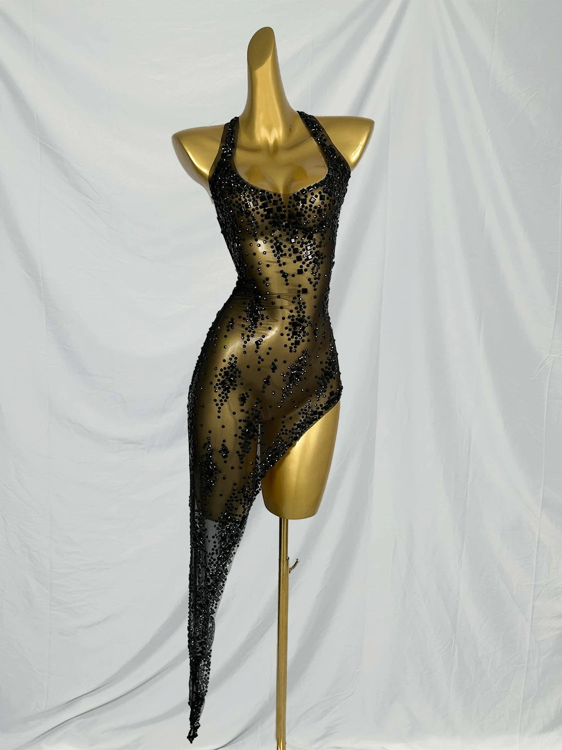 Nightclub Mini Dress Singer Stage Performance Wear Bar Party Asymmetrical Dress Sparkly Rhinestones Sleeveless Mesh Dress Xinghe black One Size