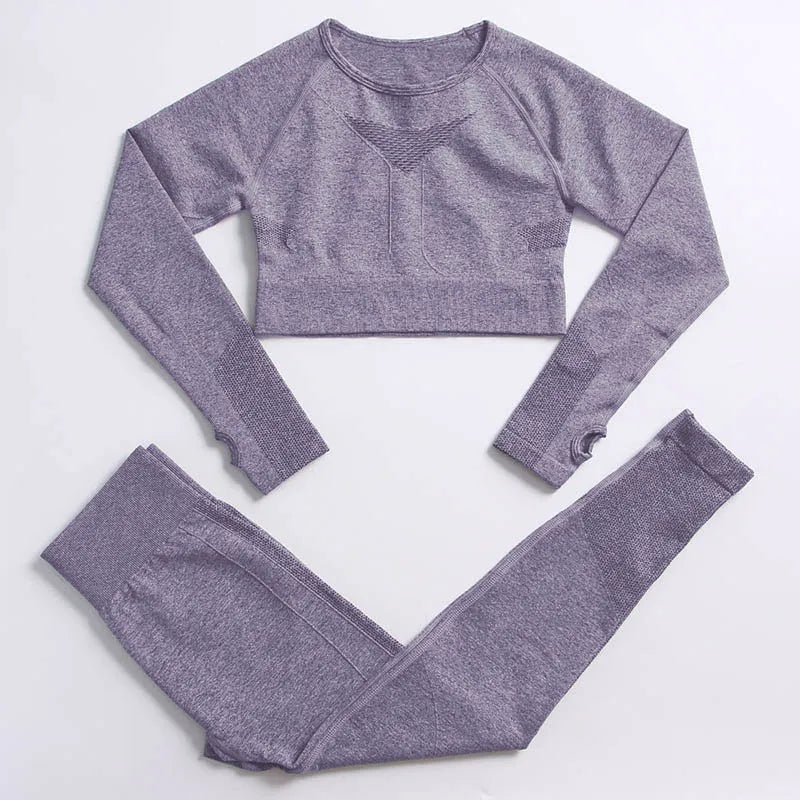 2PCS Seamless Women Sports Suits Yoga Set Workout Sportswear Gym Clothing Fitness Long Sleeve Crop Top High Waist Leggings ShirtsPantsPurple