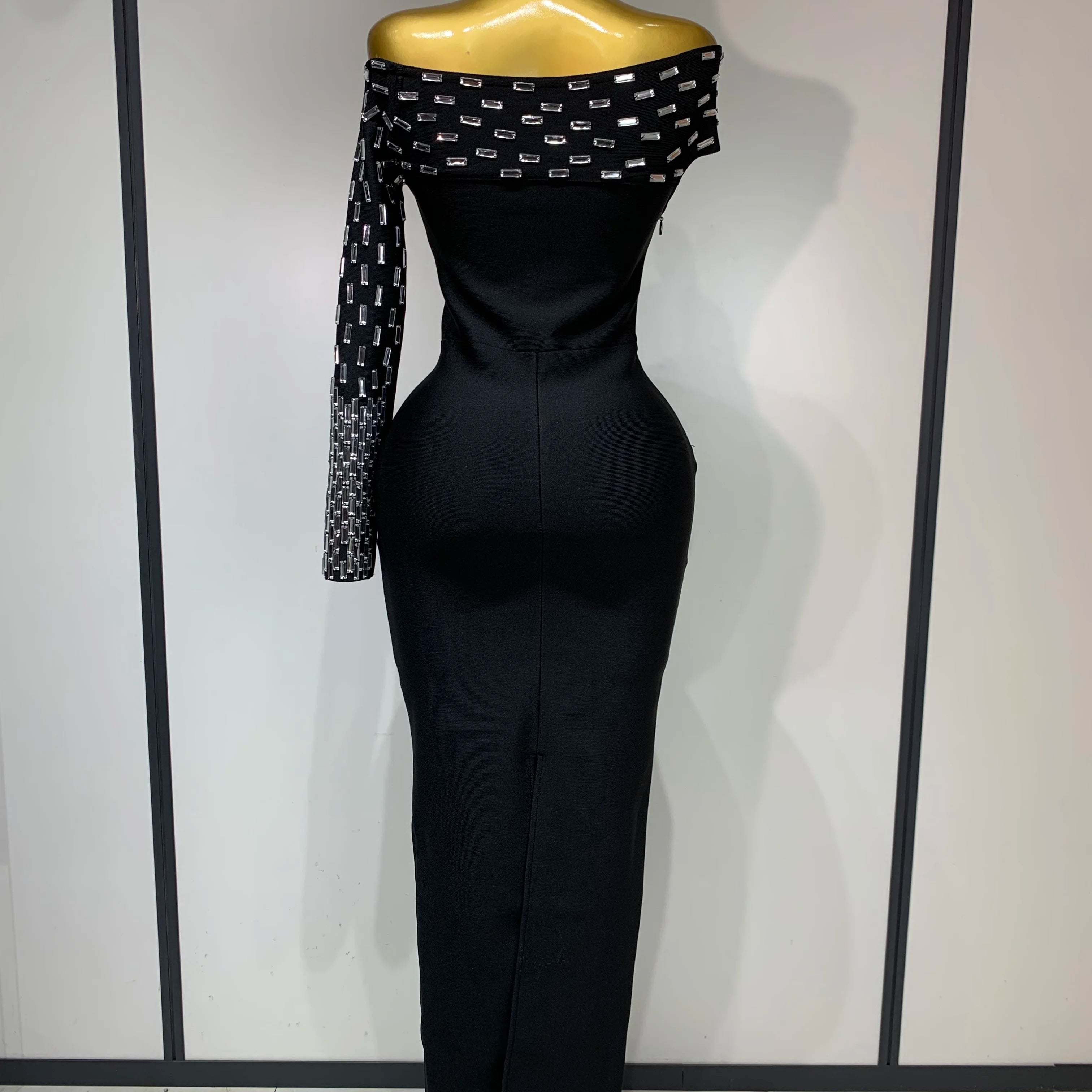 Women Celebrity Sexy Off-shoulder Diamonds Black Maxi Long Bandage Dress Evening Party Celebirty Elegant Stage Performance Dress