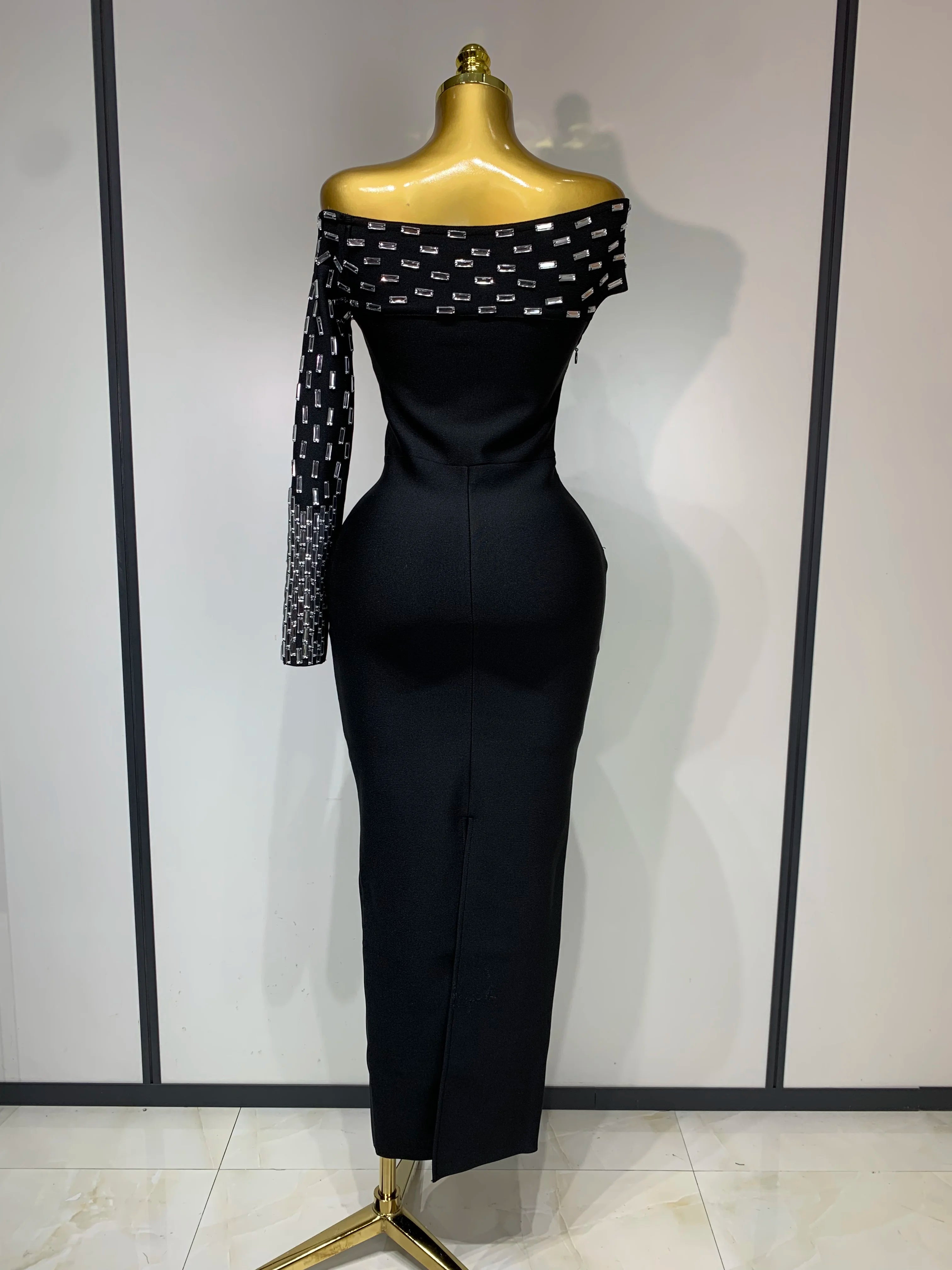 Women Celebrity Sexy Off-shoulder Diamonds Black Maxi Long Bandage Dress Evening Party Celebirty Elegant Stage Performance Dress