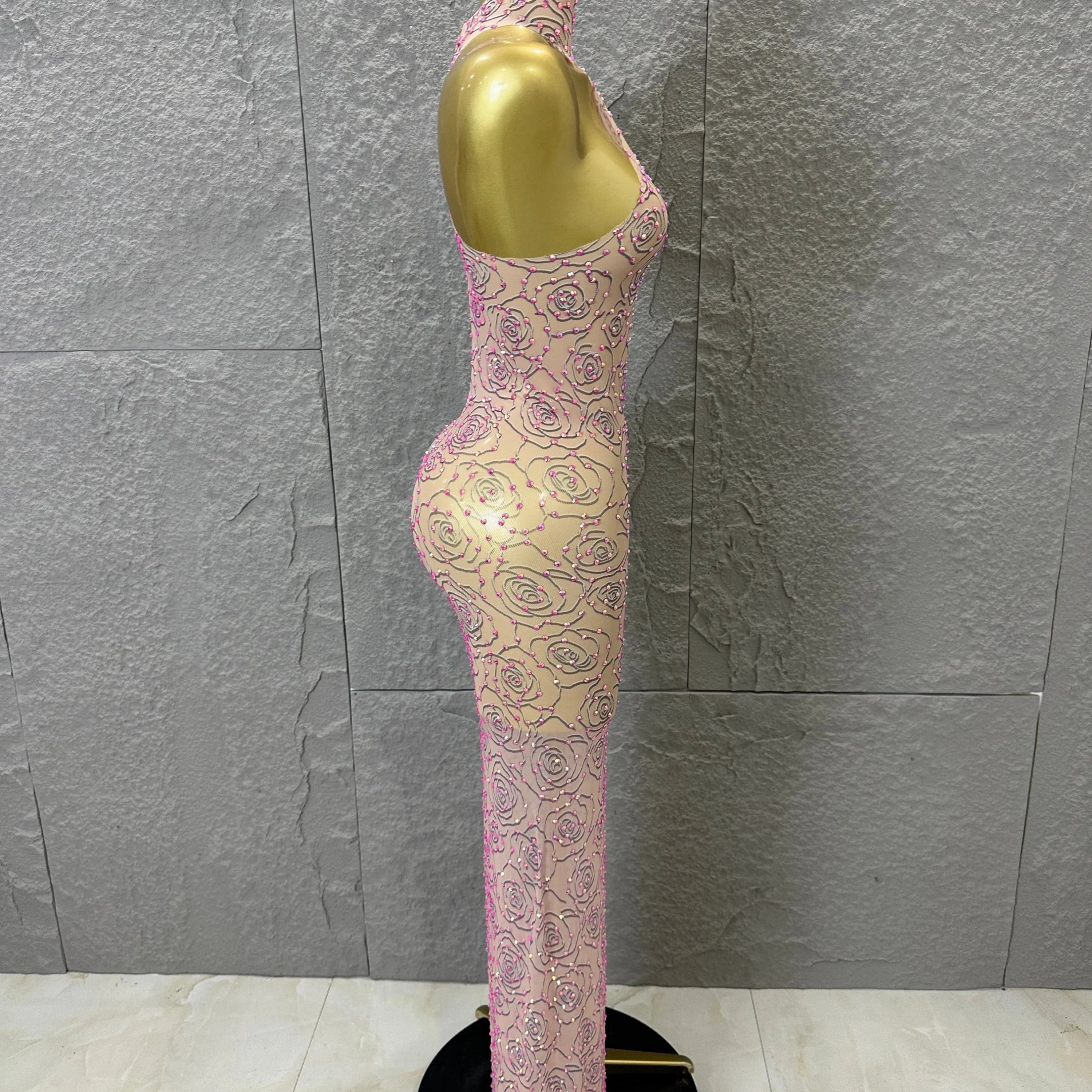 Sexy Glamorous Nude Halter Neck Maxi Dress Sheer Mesh 3D Rose Beaded Embellished Bodycon Nightclub Party Outfit