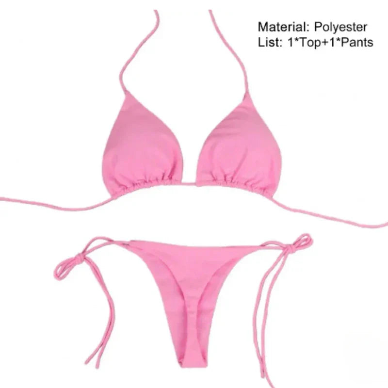 2 Pcs/Set Bikini Set Sexy Bikinis Solid Color Halter Neck Strap Thong Swimwear Bathing Suit Women Swimsuit Set for Beach