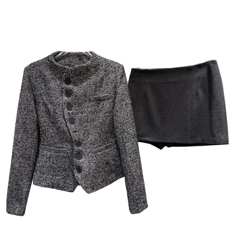 Winter New High-End Diagonal Button Woolen Cotton-Padded Short Coat For Women Black A-line Skirt Female 11A07682