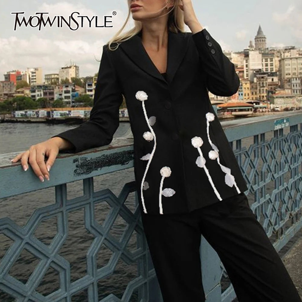 Hit Color Spliced Appliques Fashion Jackets for Women Lapel Long Sleeves Patchwork Single Breasted Jacket Female