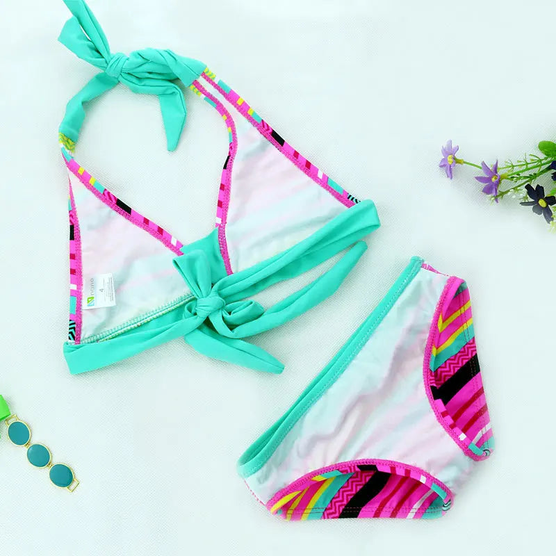 New Summer Girls Close-fitting Elastic Stripe Swimsuit Girls Split Two-pieces Swimwear, Children Stripe Bikini Wholesale
