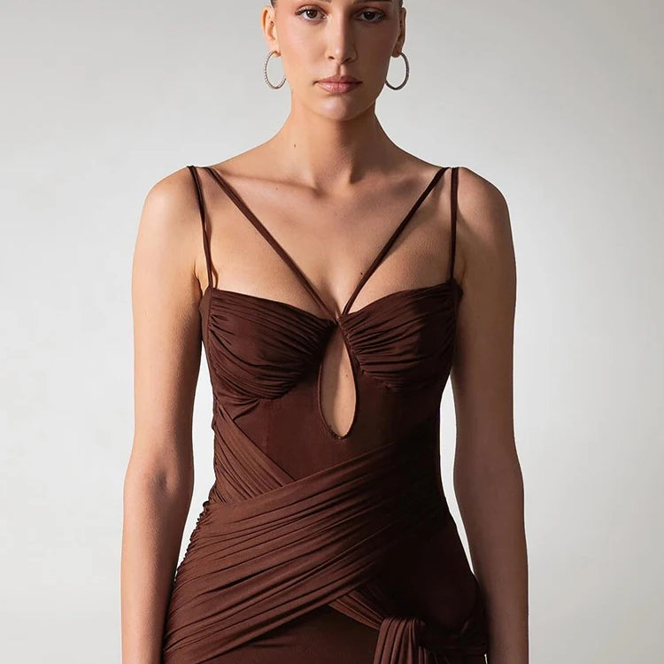 Chocolate Brown Strappy Sleeveless Draped Dress with High Slit & Cutout Detail for Formal Dinner Party Gown