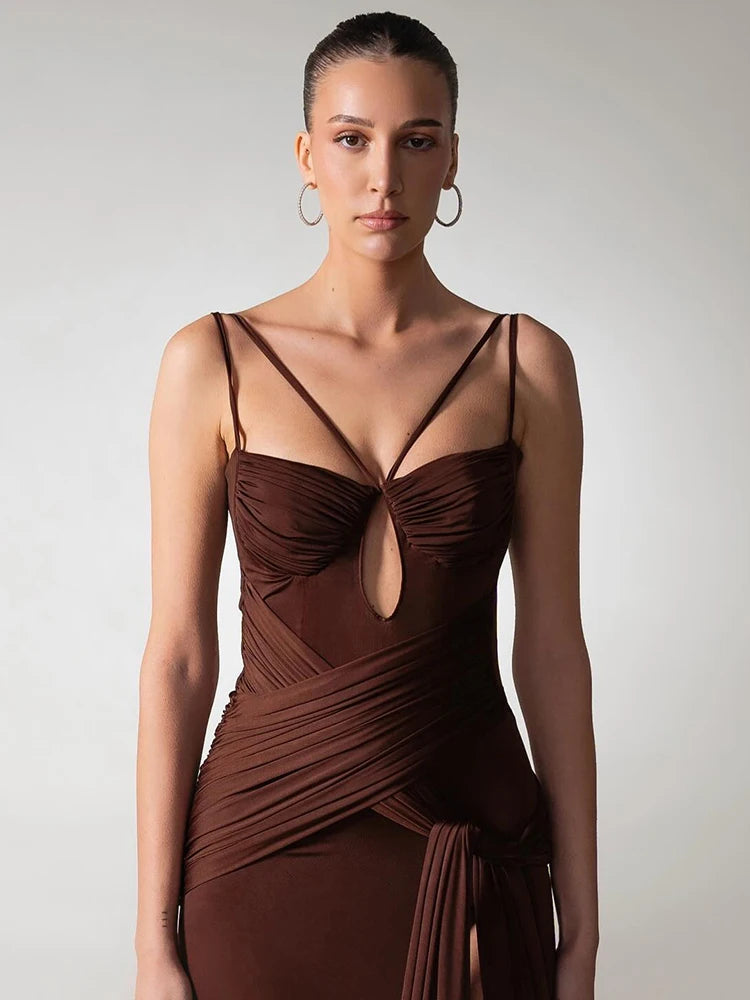 Chocolate Brown Strappy Sleeveless Draped Dress with High Slit & Cutout Detail for Formal Dinner Party Gown
