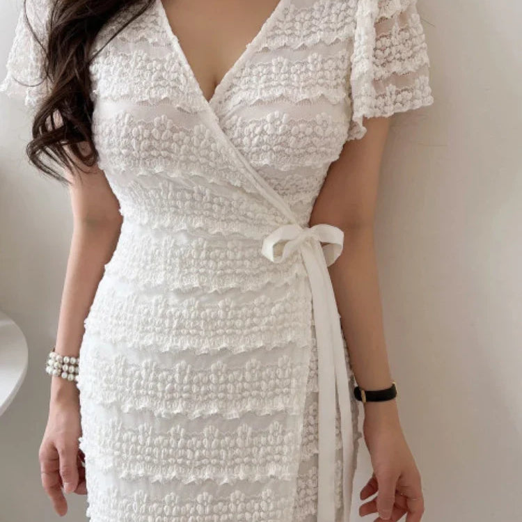 Women Elegant Bodycon Dress Summer Sexy V-neck Short Sleeve Korean Long Dresses Ladies Vintage Solid White Black Long Robe