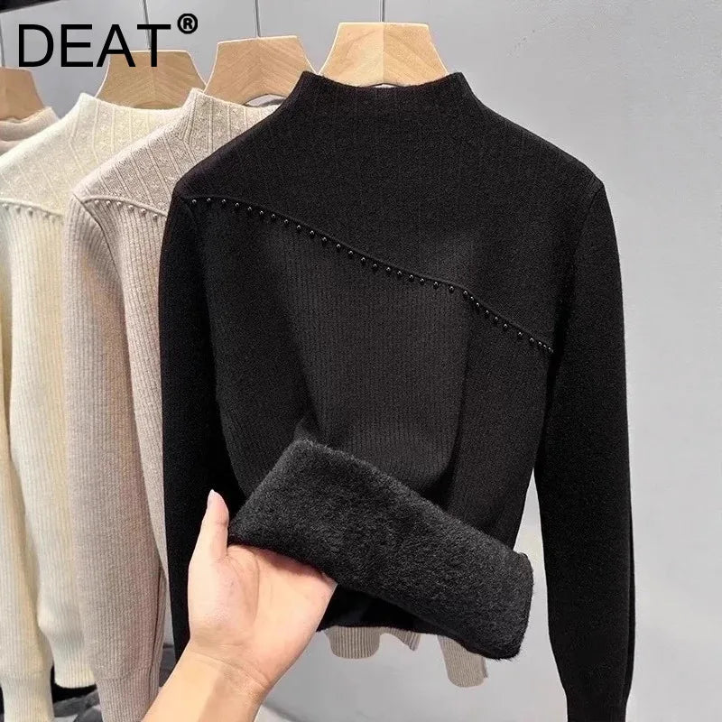 Autumn Winter New Thickened One-Piece Fleece Half High Collar Knitted Base Shirt For Women Inner Pullover 11A07626