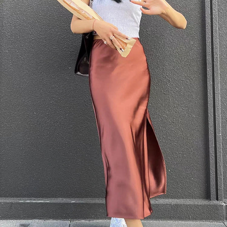 Silk Satin Skirts for Women Summer Casual Style A-line Solid Color Elastic High Waist Side Slit Champagne Skirt