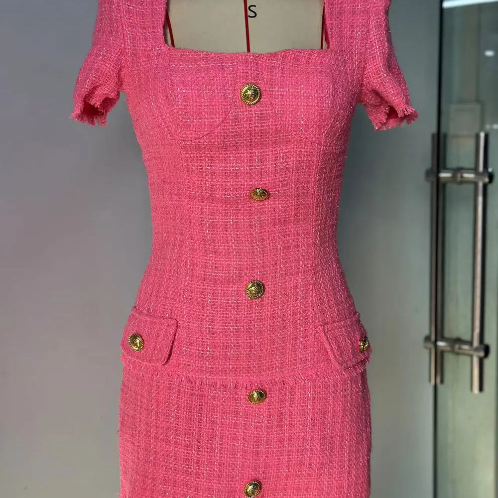 2025 Elegant Women's Small Fragrant Dress Square Neck Short Sleeve Button Design Bodycon Mini Dress Evening Party Vestidos Rose Red