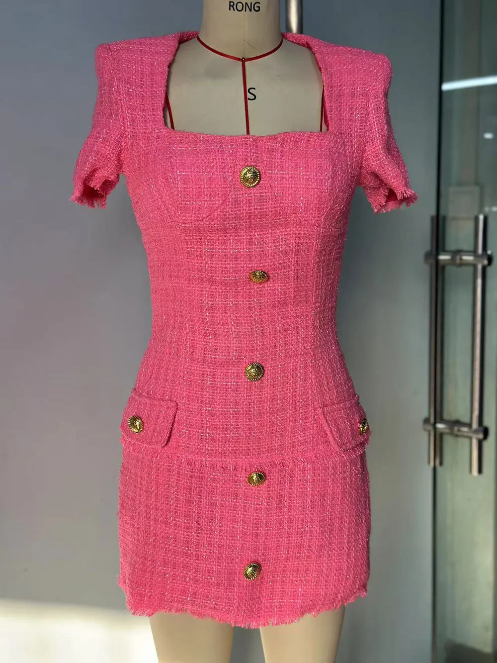 2025 Elegant Women's Small Fragrant Dress Square Neck Short Sleeve Button Design Bodycon Mini Dress Evening Party Vestidos Rose Red