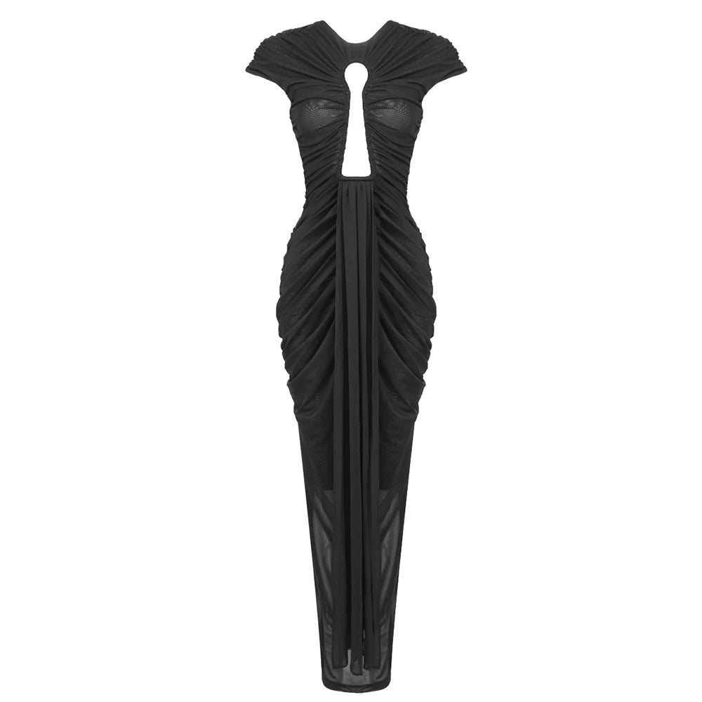 Black Long Key Hole Dress Bustier Ruched Mesh Maxi Dress Round Neck With Gloves Cocktail Party Evening Gowns for Night Out black