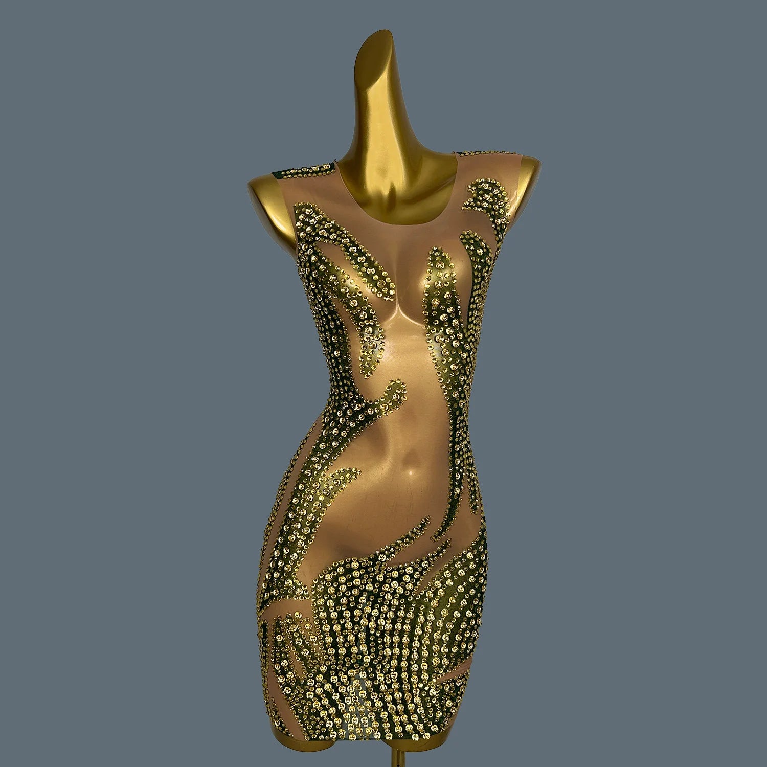 Sparkly Gold Rhinestones Short Prom Dress Women Sexy See Through Party Celebrate Birthday Dress Photography Stage Costume Lvyi Glod Stone