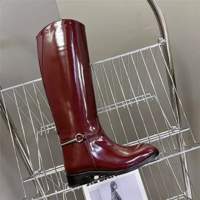 Autumn Winter Women Knee High Boots for Woman's Round Toe Low Heels Knight Boots Sexy Slip-On Women Thick Bottom Motorcycle Shoe Wine red
