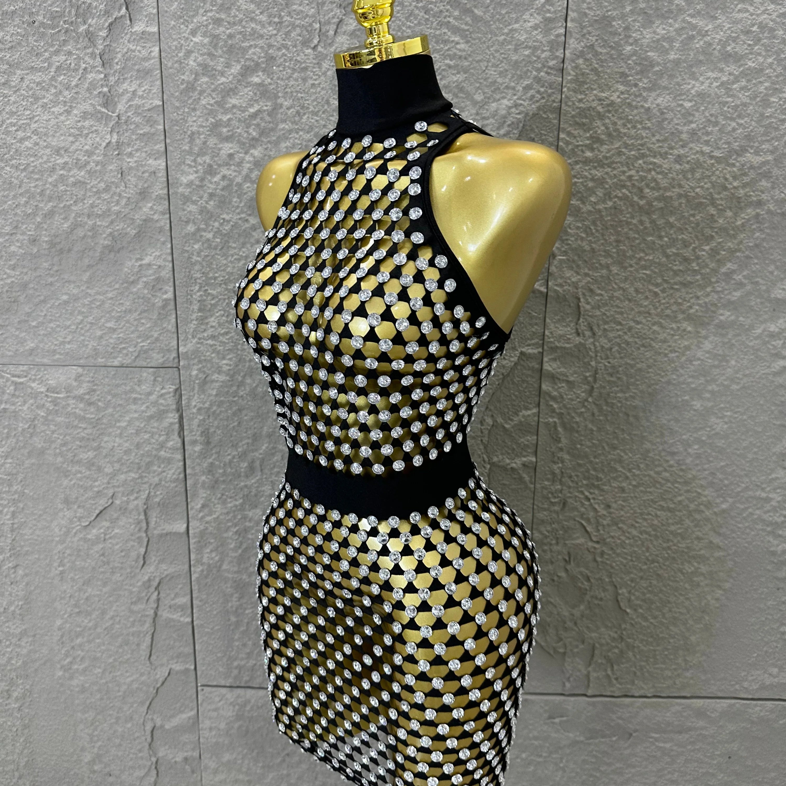 Luxury 2026 Glamorous Black Mesh Halter Mini Dress Sparkle Rhinestone Gold Silver Bead Bodycon Bar Stage Performance Costume