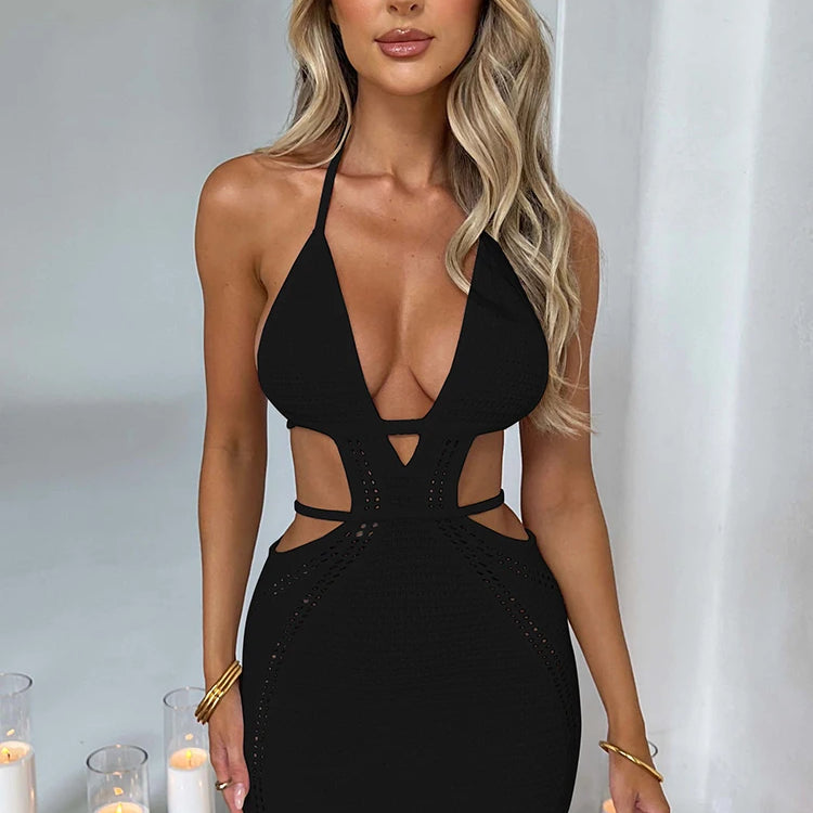 Hollow Out Halter Sexy Mini Dress Women Summer New Sleeveless Backless Skinny Club Party Knit Tank Dress Vestido