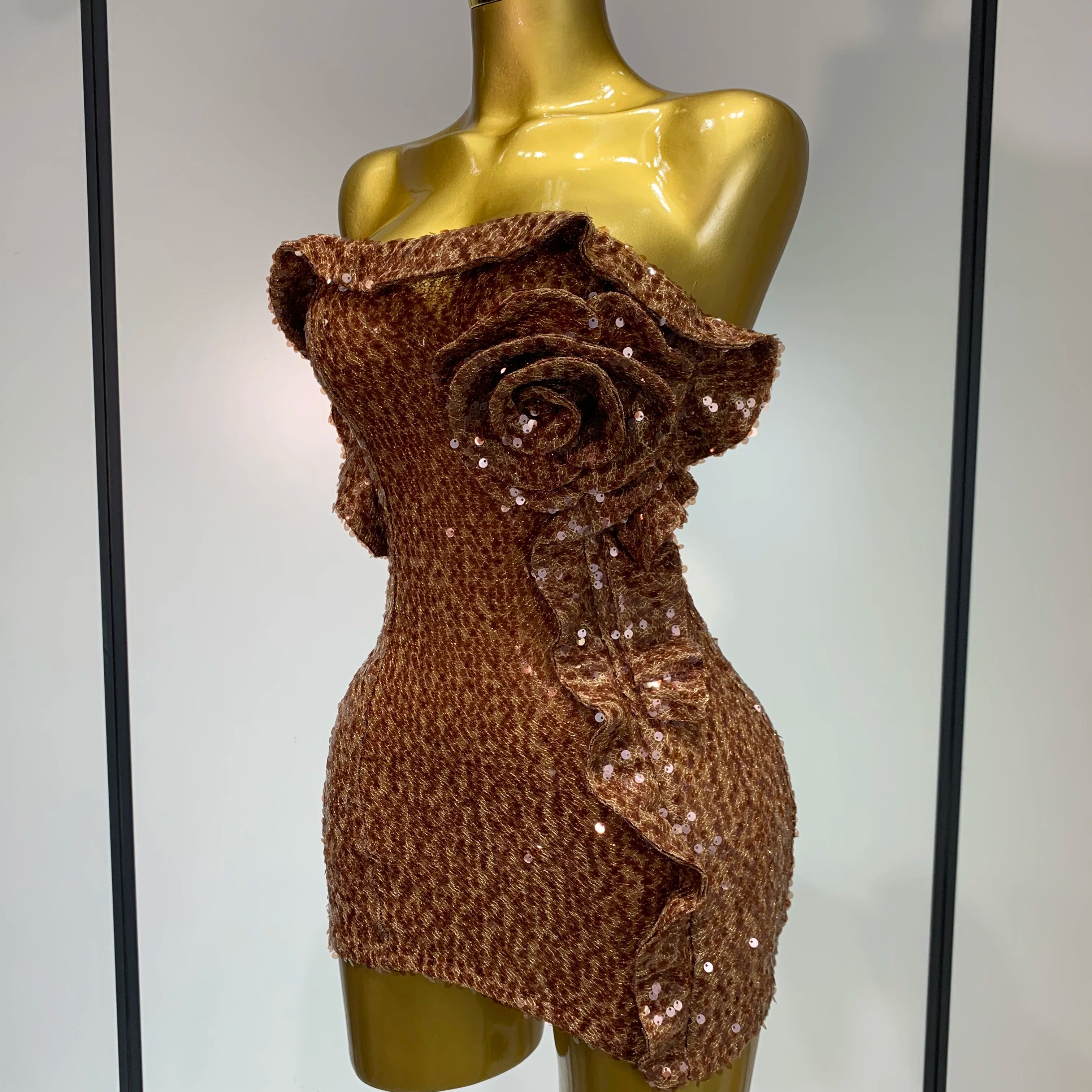 Women Sexy Strapless Backless Brown Sequins Mini Dress 2025 Celebrity Elegant Evening Party Club Luxury Birthday Guest Gown