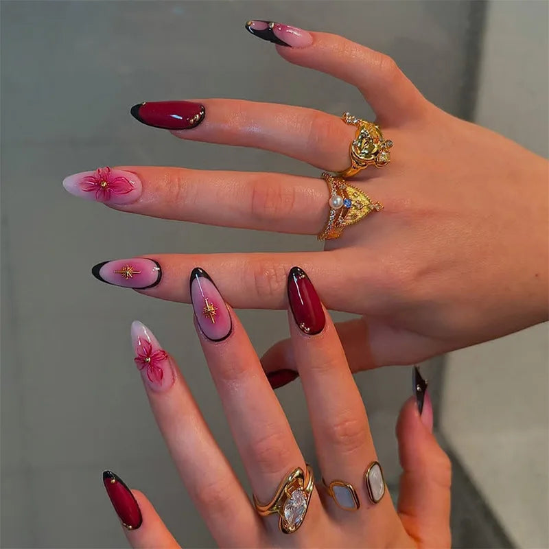 24Pcs Mid-length Blue Almond False Nails with 3D Shell Design Press on Nails Tips Butterfly Flower Pattern Datachable Fake Nail 3XB1-13080