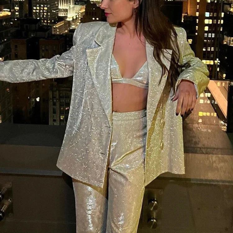 Fantoye Turn-down Collar Sequins Women Blazer Sets Silver Long Sleeve Tops Casual Pants Women Spring Loose Fashion Streetwear