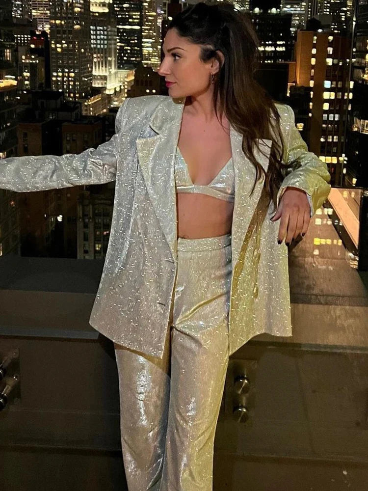 Fantoye Turn-down Collar Sequins Women Blazer Sets Silver Long Sleeve Tops Casual Pants Women Spring Loose Fashion Streetwear