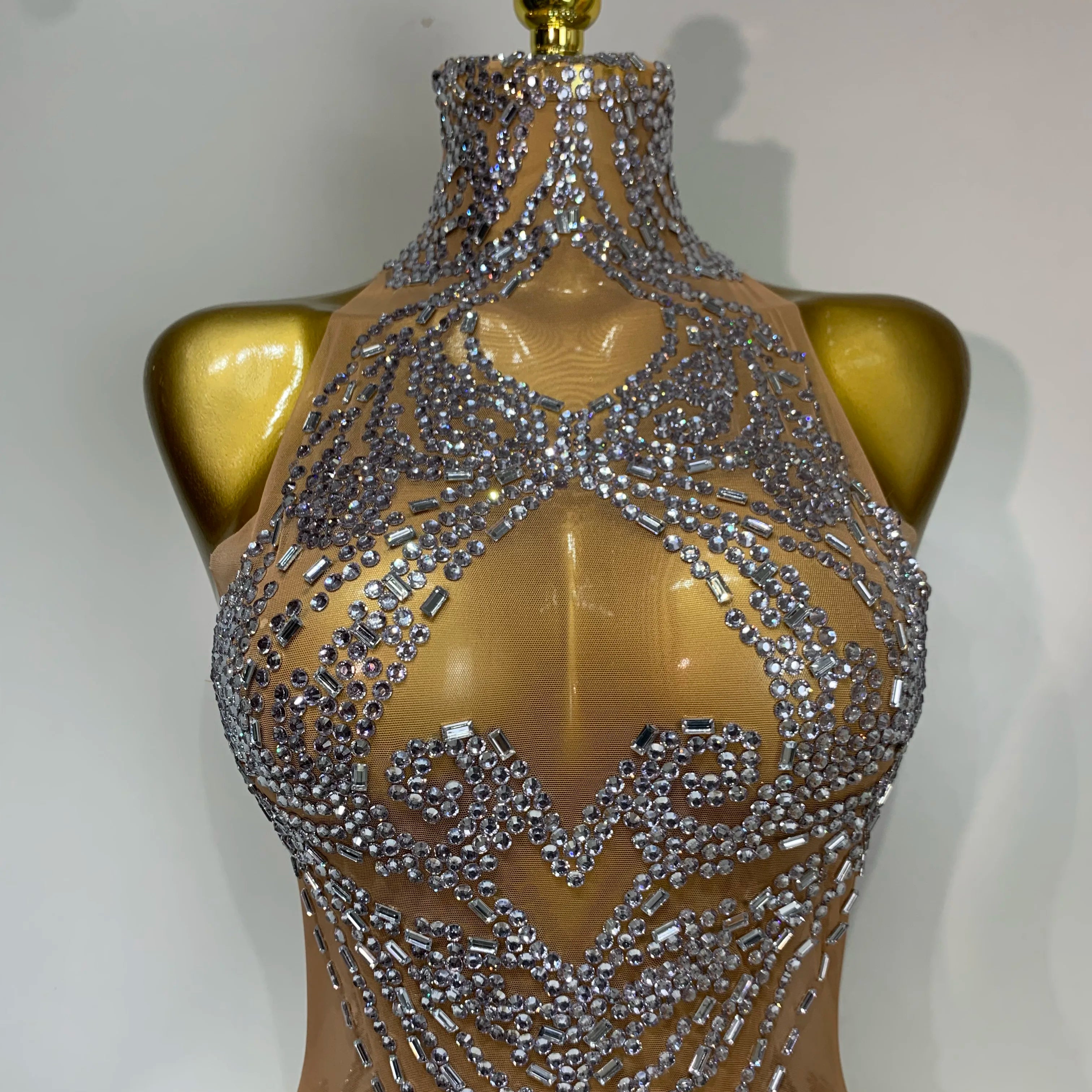 Luxury Women Sexy Sparkly Rhinestone Sleeveless Mesh See Through Bodycon Mini Birthday Dress Evening Party Performance Costume