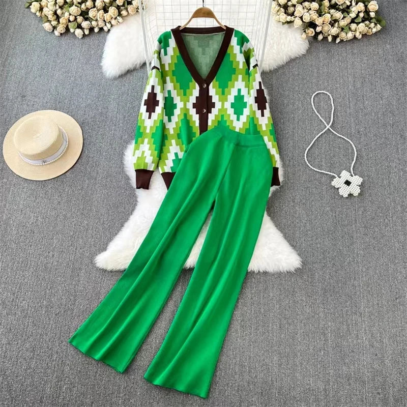 Women Sweater Cardigans Pant Set Casual Suits Long Sleeve Autumn Winter Knitted Loose Elegance Plaid Tops Elastic Sweaterpants Green One Size