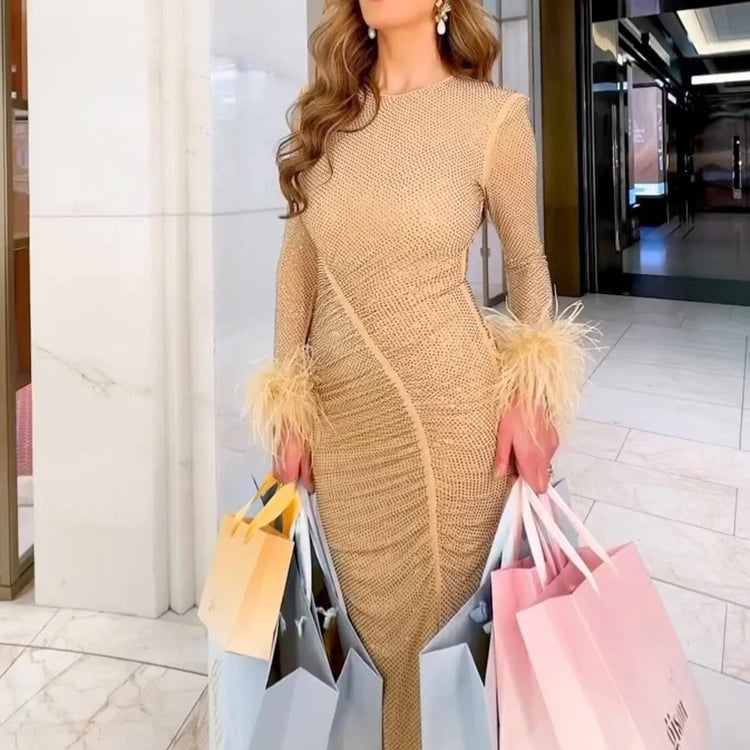 Champagne O Neck Midi Dress Rhinestones Long Sleeves Diamond Feathers Embellished Bodycon Evening Party Gowns
