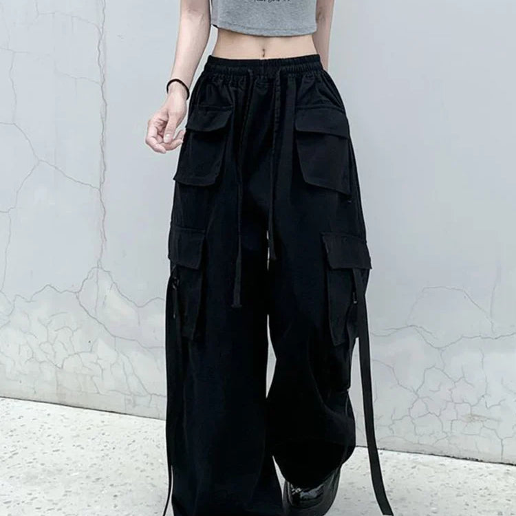 Zoki Pure Cotton Harajuku Cargo Pants Women Vintage Streetwear Oversize Bf Trousers Retro Pockets Casual Hip Hop Straight Pants
