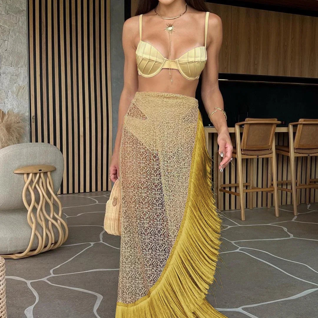 3 Pieces Tassel Bikini Set Women Beach Knitting Skirts Suit Hollow Out Grid Sexy See-Through Party Streetwear Summer Outfit PI23562C1