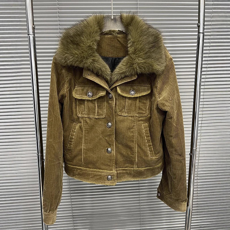 Autumn Winter New Corduroy Detachable Fur Collar Coat For Women Quilted Loose Warm Jacket Female 11A07907 Picture Color