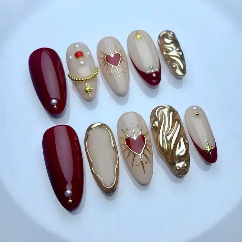 24Pcs 3D Green Ripple Design False Nails Cat's Eye French Almond Fake Nail Tips Leaves Pattern Removable Oval Press on Nails 1055