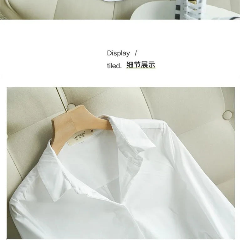 Spring and Summer Women's White Shirt Basic Korean Version Loose Casual Office Shirt Work Professional Top Solid Color