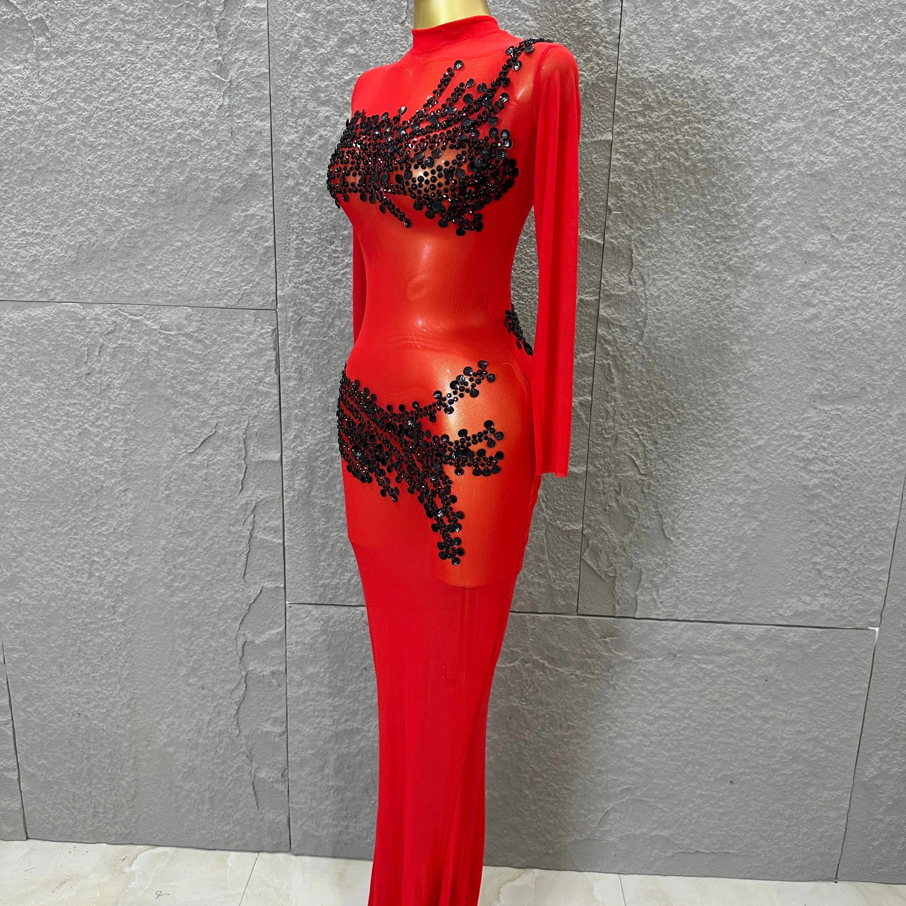 Sexy 2026 Black Sheer Mesh Maxi Dress Women Long Sleeve High Neck Red Rhinestone Embellished Bodycon Stage Costume