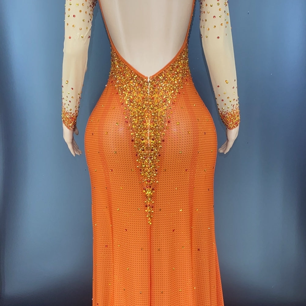 Sparkly Rhinestones Long Sleeves Mesh Transparent Dress Birthday Celebrate Gown Outfit Women Sexy Evening Prom Party Dress