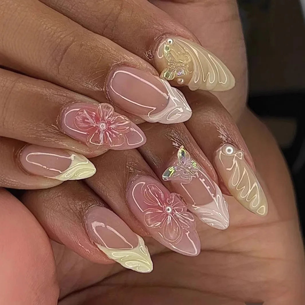 24Pcs Mid-length 3D Flowers Design Fingertips Sweet Butterfly Yellow Ripple Almond False Nails Detachable Full Cover Press Ons 1