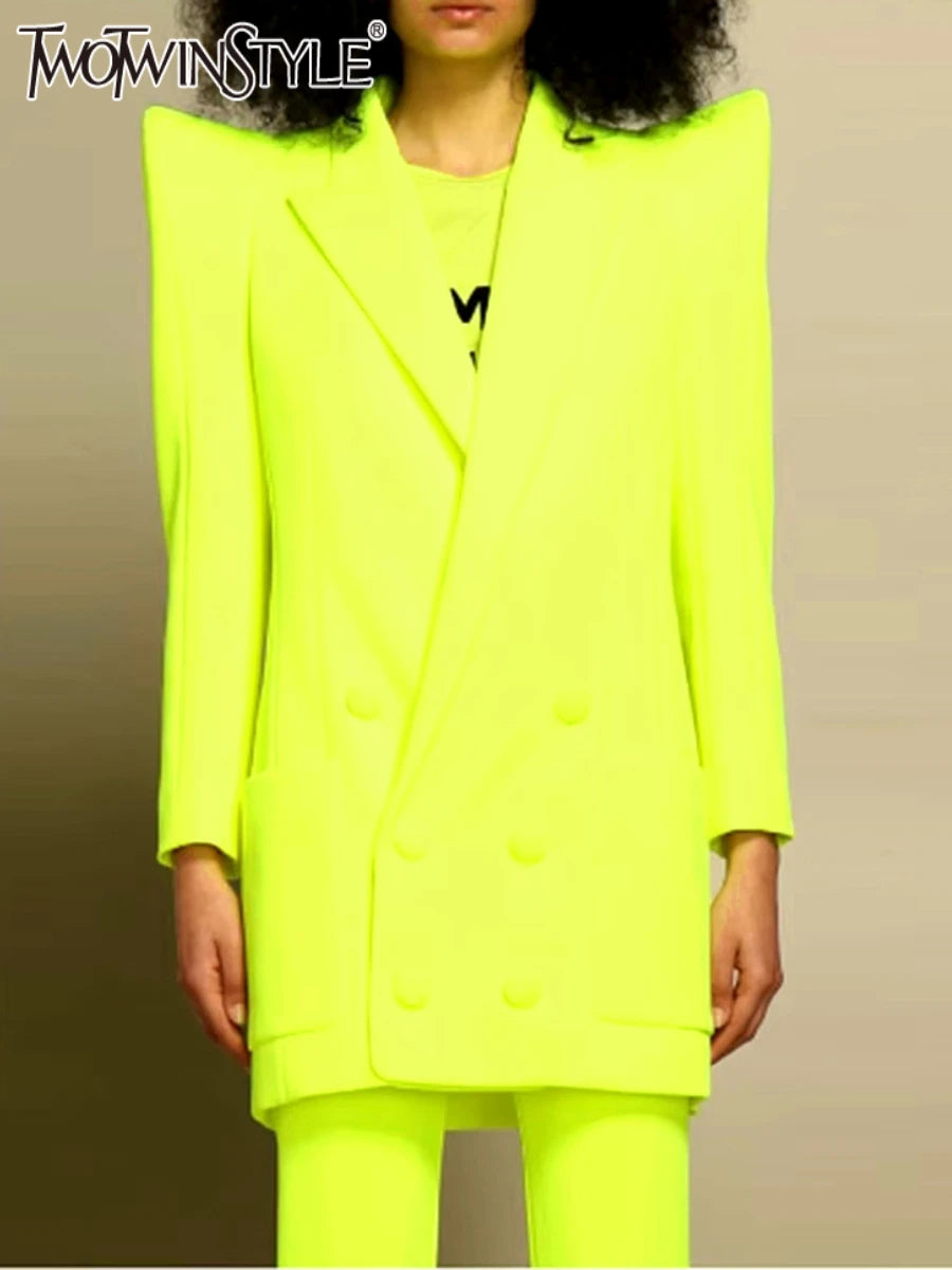 Solid Two Piece Set for Women Lapel Long Sleeves Patchwork Pockets Loose Blazer High Waist Pant Sets Female Clothes