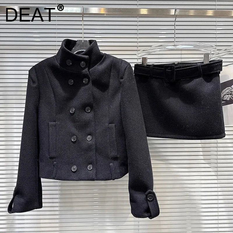 Winter New Style Elegant Double-Breasted Woolen Quilted Stand Collar Coat A-line Short Skirt Set For Women 11A07948